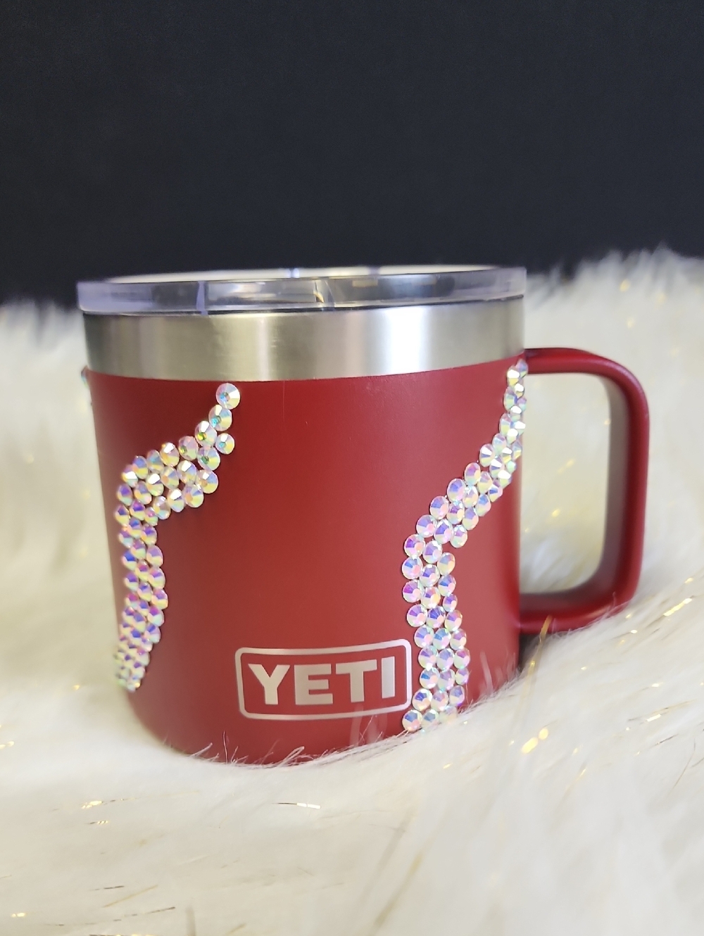 Yeti Red Mug with Iridescent Rhinestone Accents Handmade F3